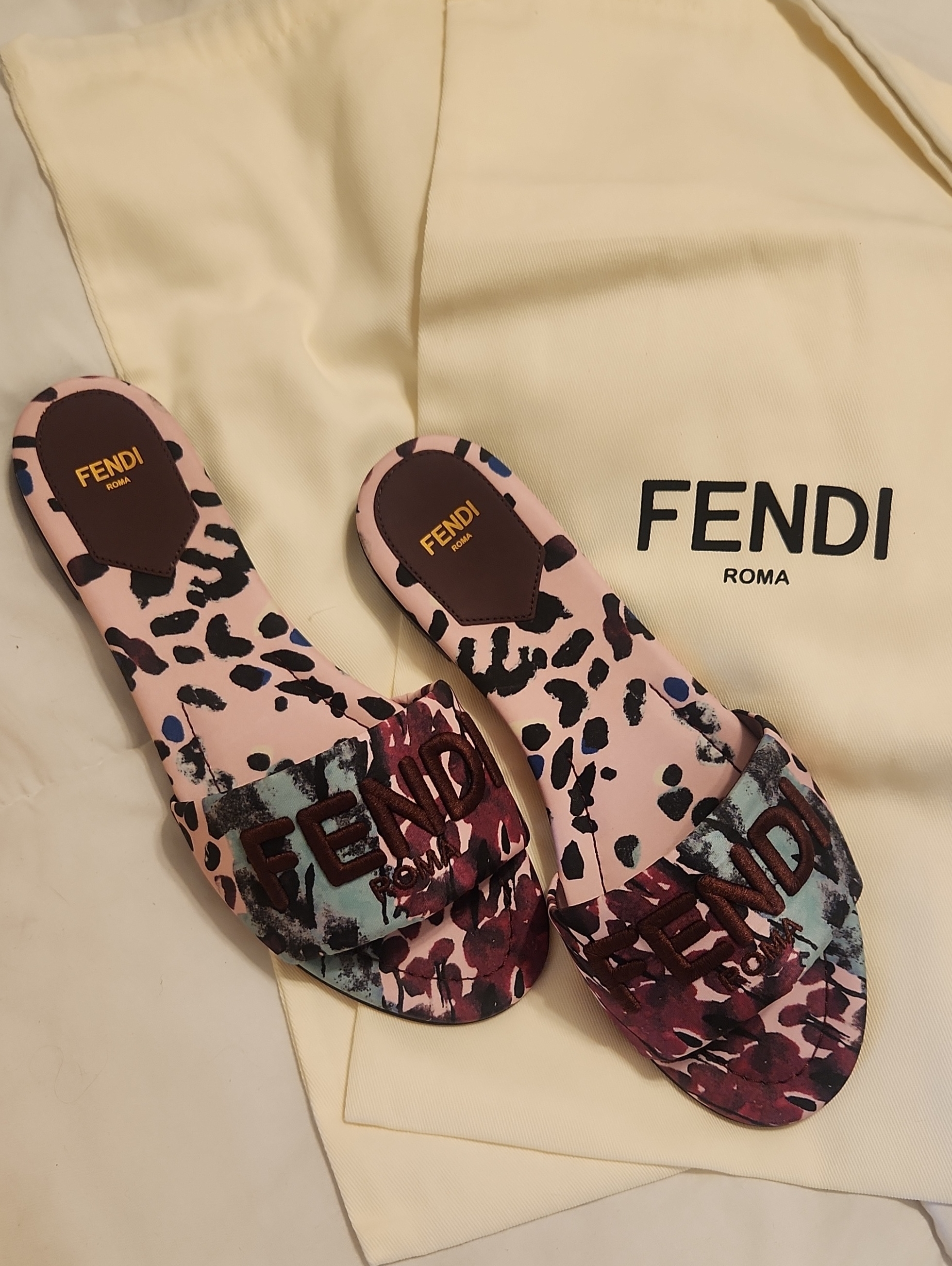 Fendi Pink Leopard-Print Slide Sandals With Multicolor Accent